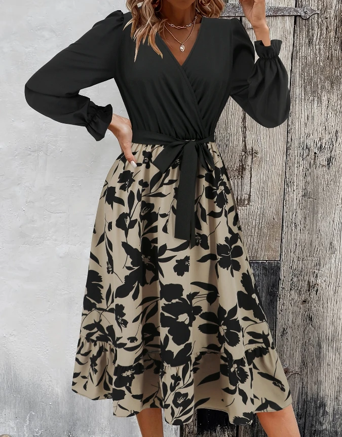 

Elegant Summer Dresses Women 2024 New V-Neck Long Sleeved Waist Tie Up Plant Print Spliced Party Dresses Casual A-Line Dresses