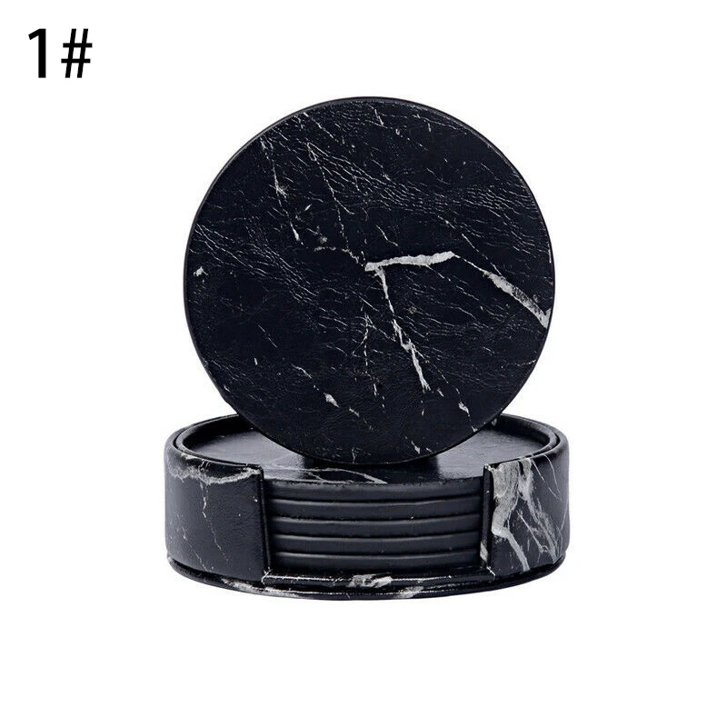 6Pcs Marble Pattern Double Sided PU Leather Coaster Round Heat-resistant Tea Pad Drink Placemats Kitchen Tableware Accessories