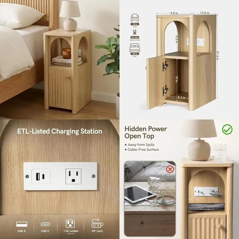 for Simple narrow recessed bedside table with vaulted open shelf for small bedrooms, streamlined wooden side table