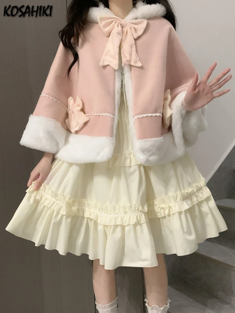 Japanese Cute Bow Lolita Cloak Coats Sweet Kawaii Lace Patchwork Y2k Aesthetic Capes Hooded Contrast Color Loose Women Jackets