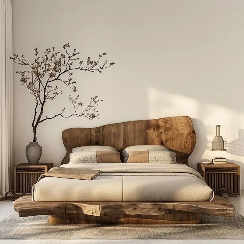 Full solid wood bed log wind modern simple wabi-sabi wind double