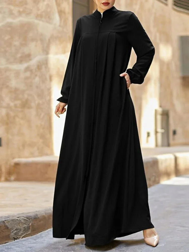 Muslim Black Dress with Small Stand-Up Collar and Zipper Pocket Design Elegant Loose and Casual Long-Sleeved Skirt