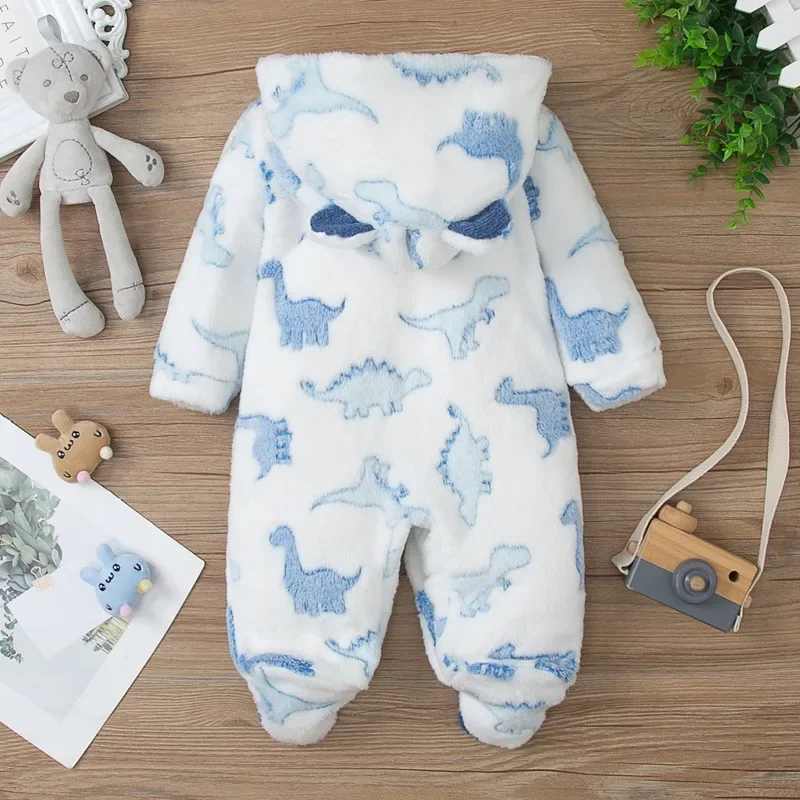 Unisex Baby Jumpsuit Winter Thickened Dinosaur Printed Standing Ear Hooded Romper Cute Padded Newborn Outwear Clothing