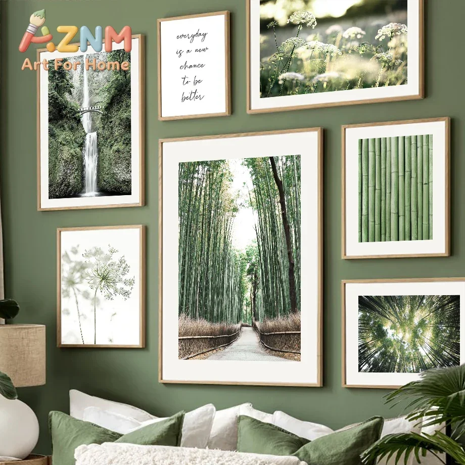 AZNM Green Bamboo Forest Waterfall Nature Canvas Wall Art Plant Floral Landscape Motivational Quote Art Print Unframed Canvas Po