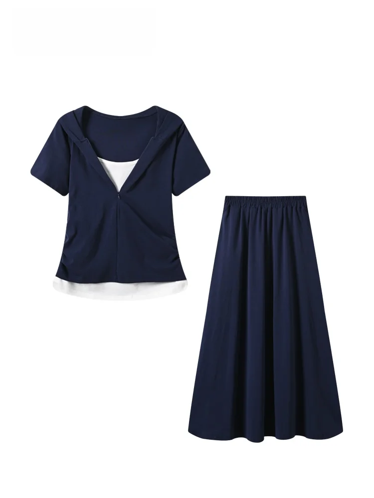 

Summer New plus Size Women's College Style Short Sleeve Sweatshirt And A-Line Skirt Two-Piece Set Fake Two-Piece Outfit