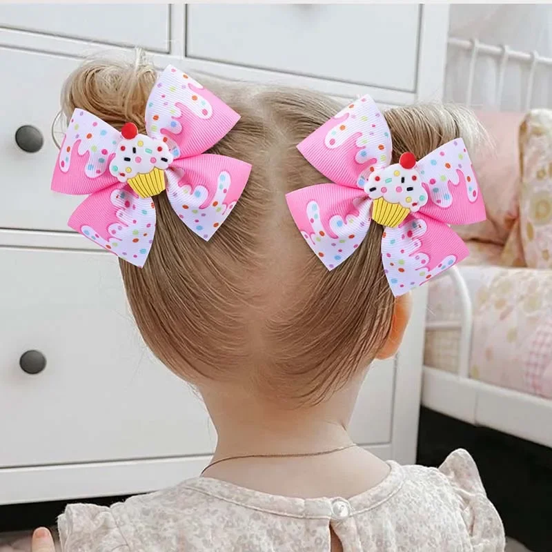 Oaoleer 2Pcs/set Sweet Girls Hair Bow Clips For Children Cute Ribbon Dessert Hairpin Barrette Kids Headwear Hair Accessories