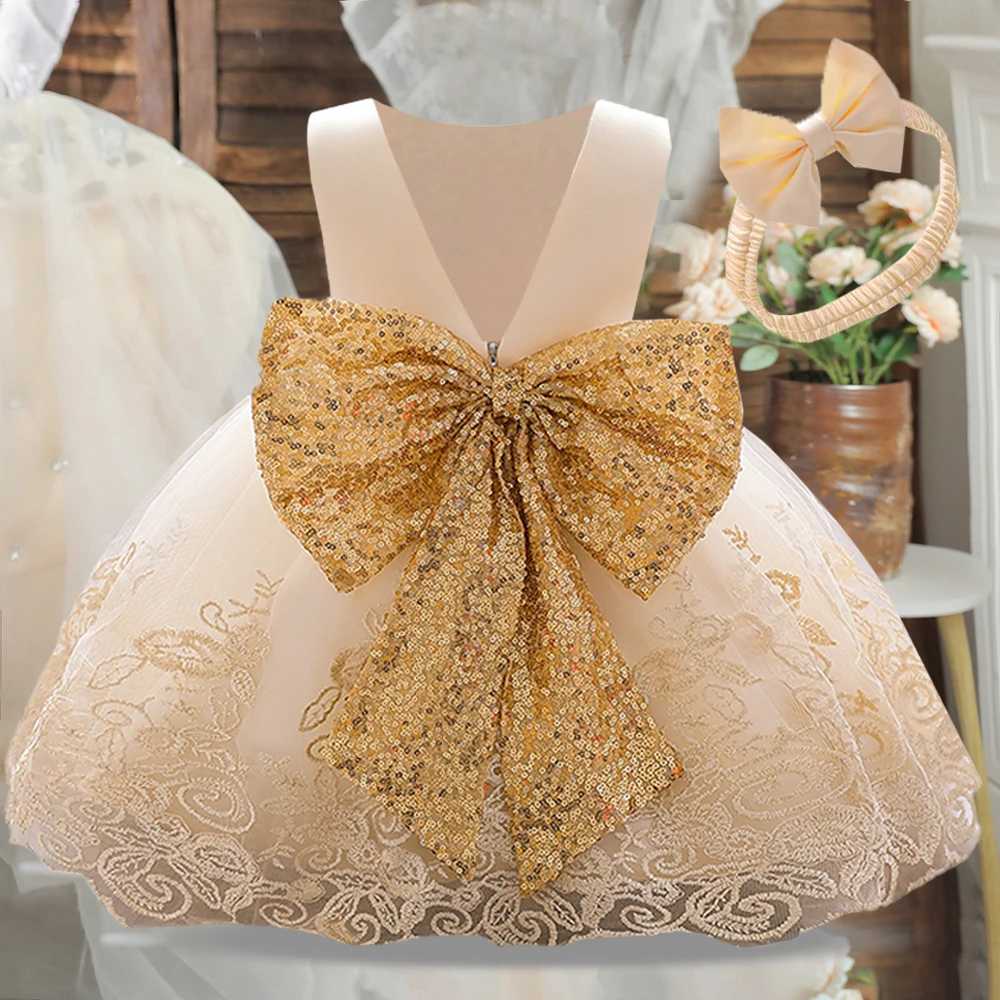 Backless Bow Toddler Baby 1st Birthday Baptism Dress For Girls Princess Luxury Embroidery Costumes Kids Party Clothes Vestidos