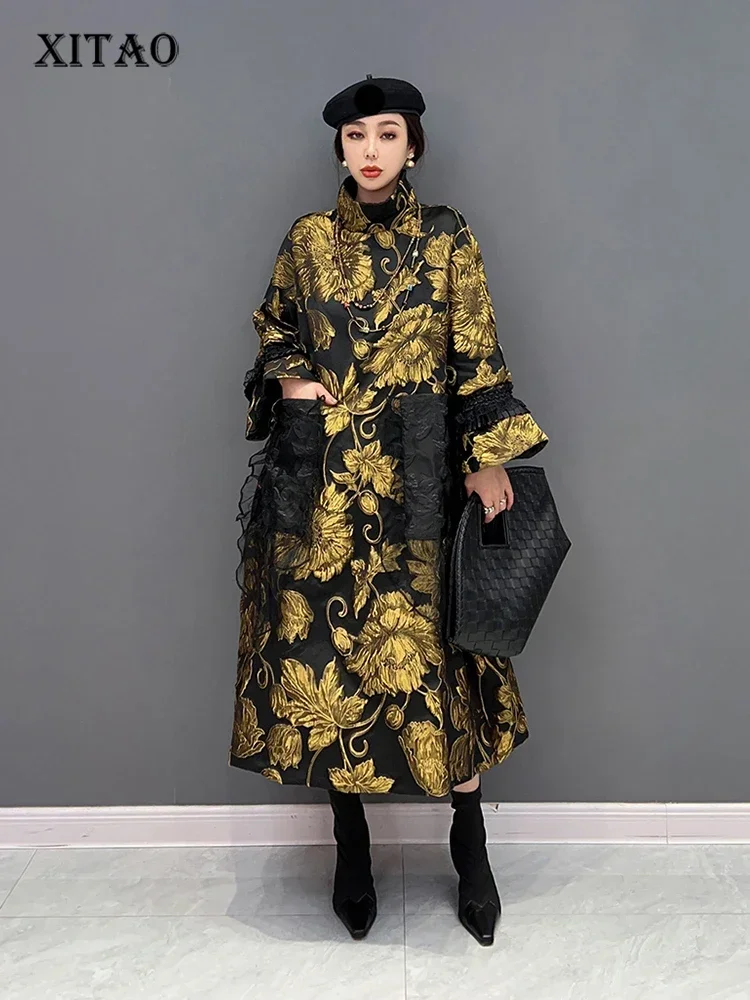 

XITAO Contrast Color Embossing Dress Vintage Fashion Turtleneck Pullover Flare Sleeve Loose Fashion Temperament SMH1026