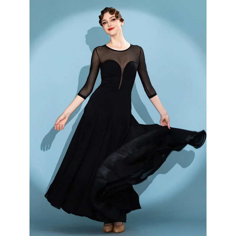 Women's Adult Modern Dance Dress Crystal Cotton Ballroom Dancewear Curved Bust Line Deep V Design Performance Costumes