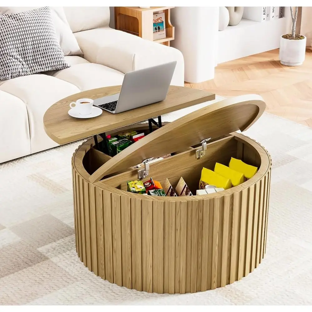 

Storage Coffee Table with Hidden Compartment, 31.5 Round Wooden Center Table for Living Room, Home, or Office (Wood Color)