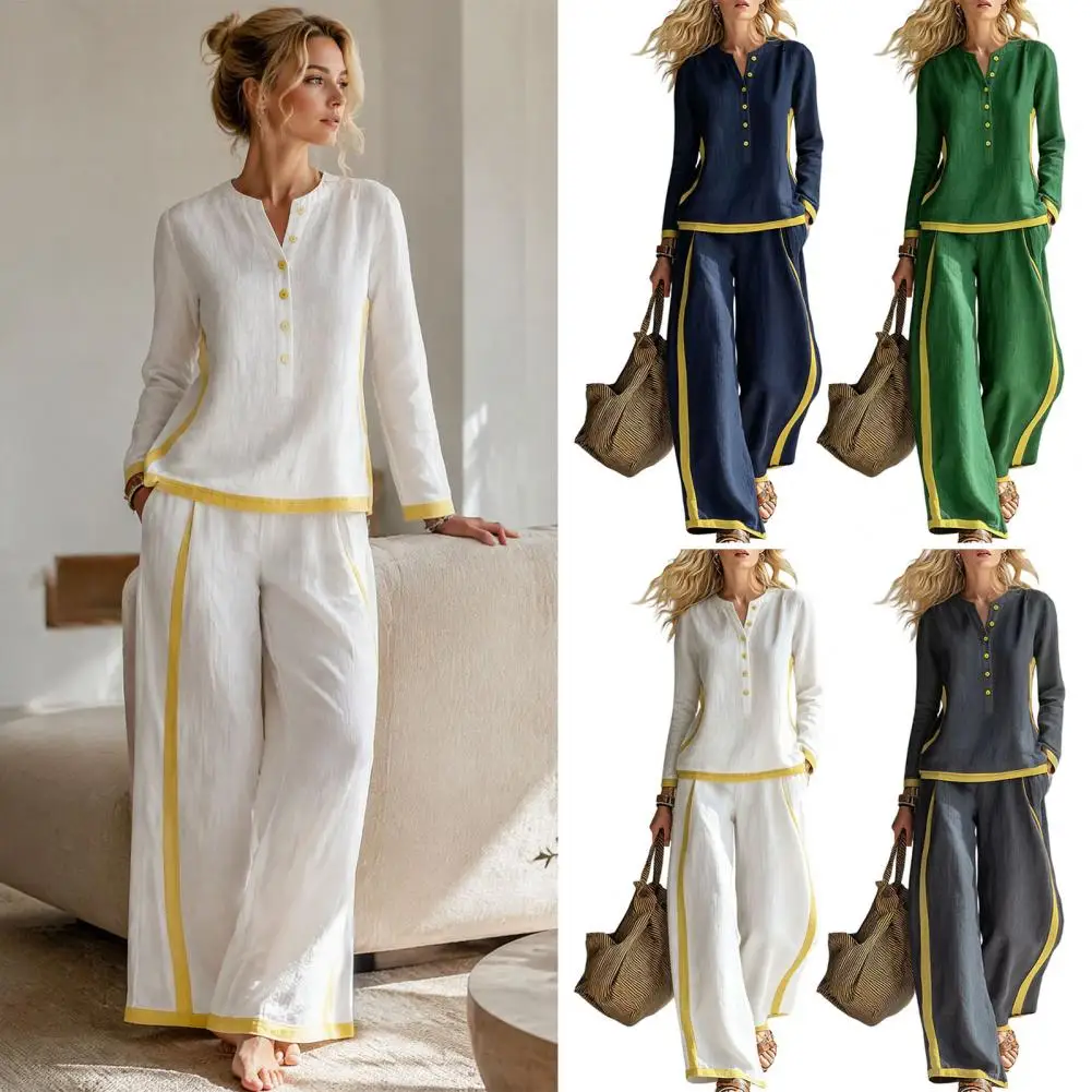 Women Two Piece Matching Set, V-Neck Button-Up Sweatshirt, High Waisted Wide Leg Pants, Contrast Color Lounge Set for Daily Wear