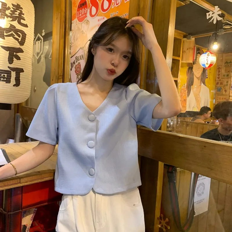 Short Sleeve Shirts Women Cropped Kawaii Tops Summer Tender Fashion Рубашки Classic French Style Ulzzang Girlish Female Preppy