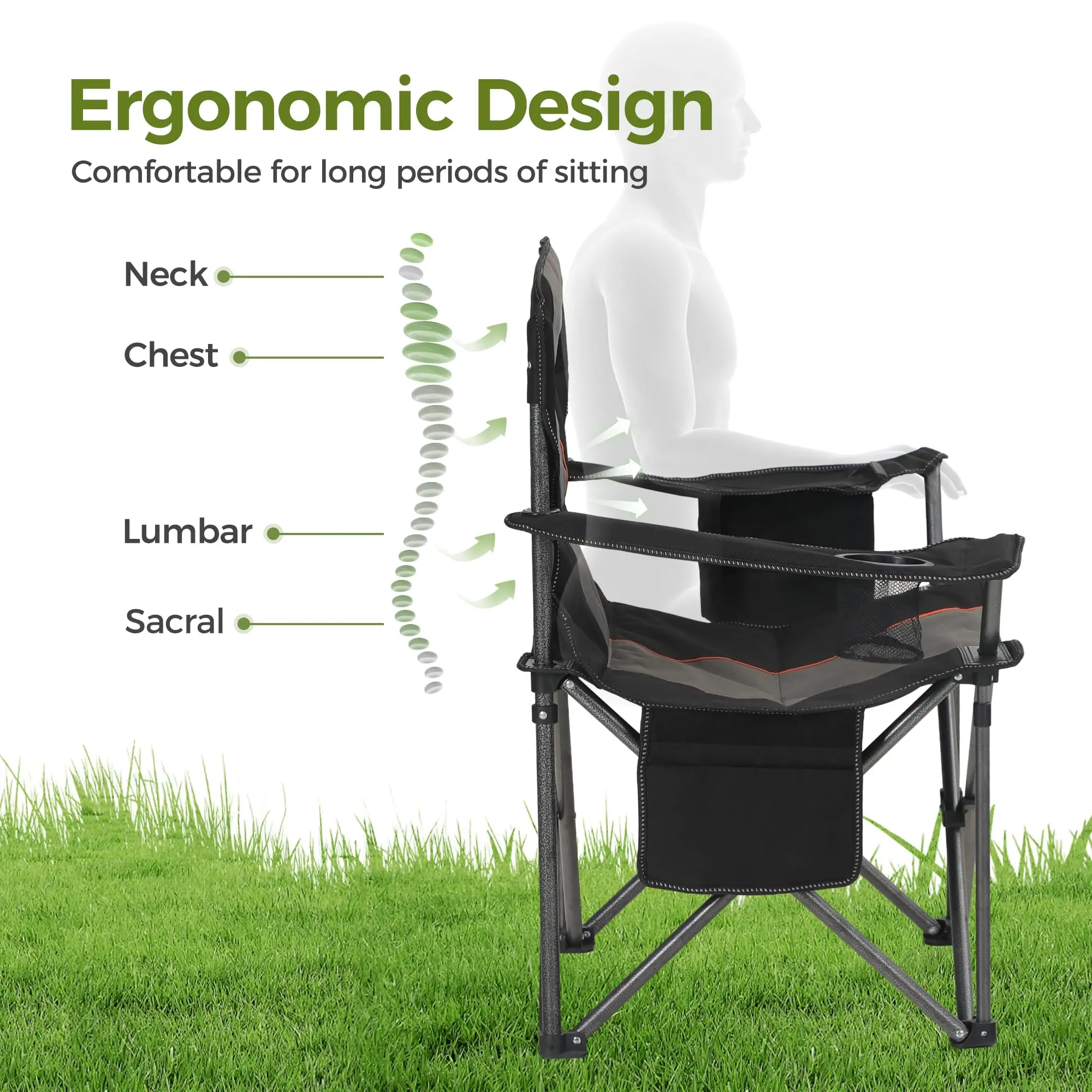 Oversized Camping Folding Chair Heavy Duty Support Steel Frame Collapsible Padded Arm Chair with Cup Holder for Outdoor