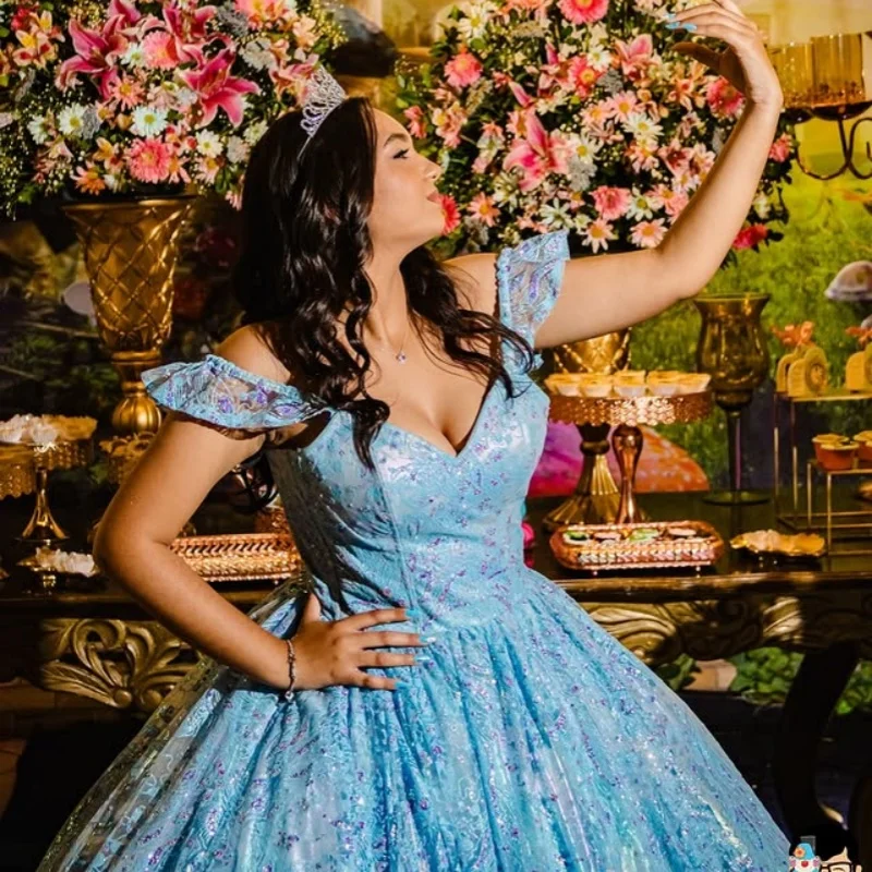 Блестящее синее платье Quinceanera, кружевное тюлевое блестящее платье с длинным хвостом, платья de 15, Quinceanera ﻿ Индивидуальный