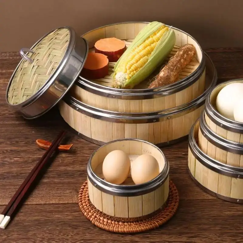 Steel Handle Bao Buns Chinese Woven Bamboo Bamboo Lid Kitchen Gadget Steam Cooker Food Steamer Steamer Basket Bamboo Steamer