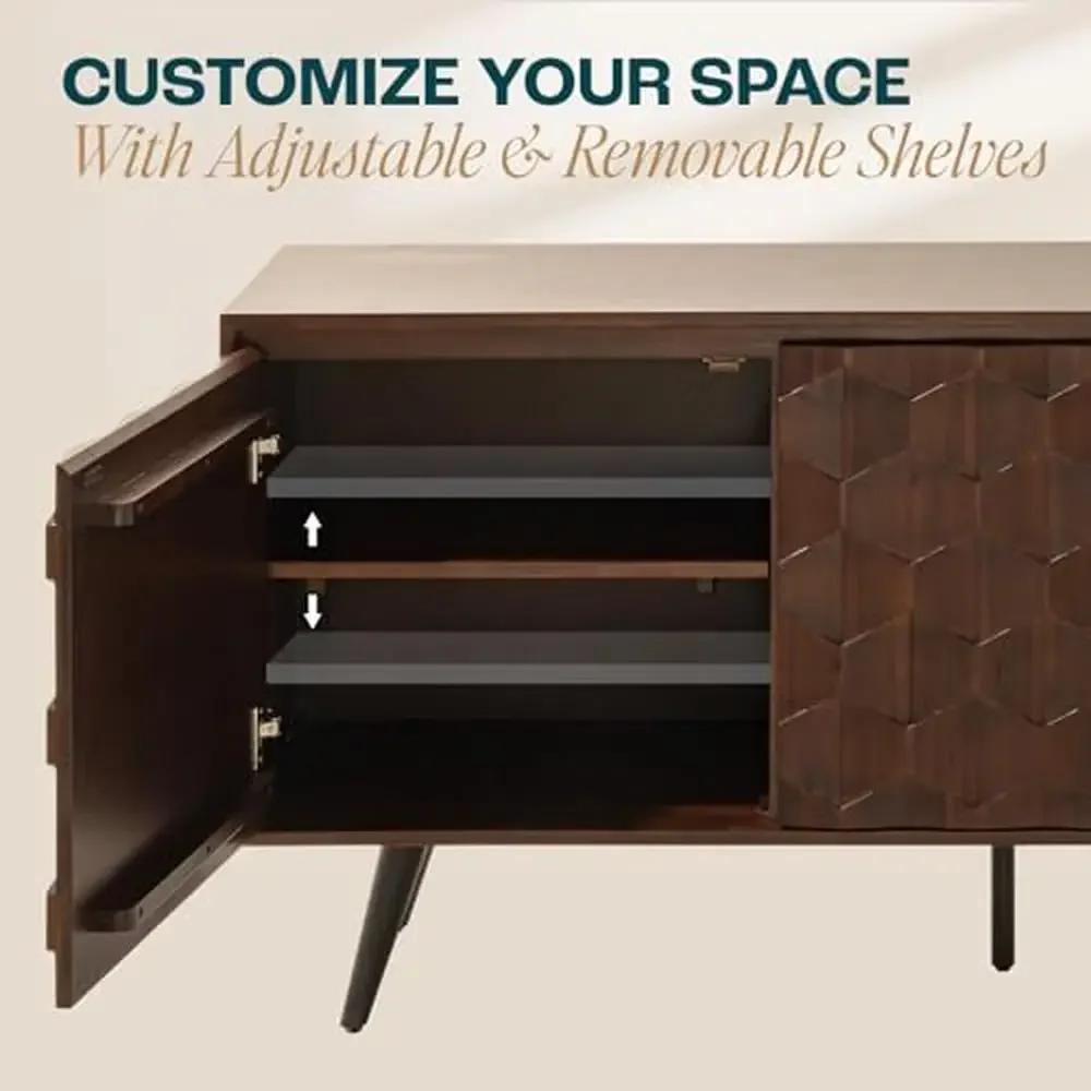Sideboard Georgina Solid Wood 2 Doors & 3 Drawers 61'' Mid Century Modern Cabinet with Geometric Pattern Kitchen Dining Living image 6