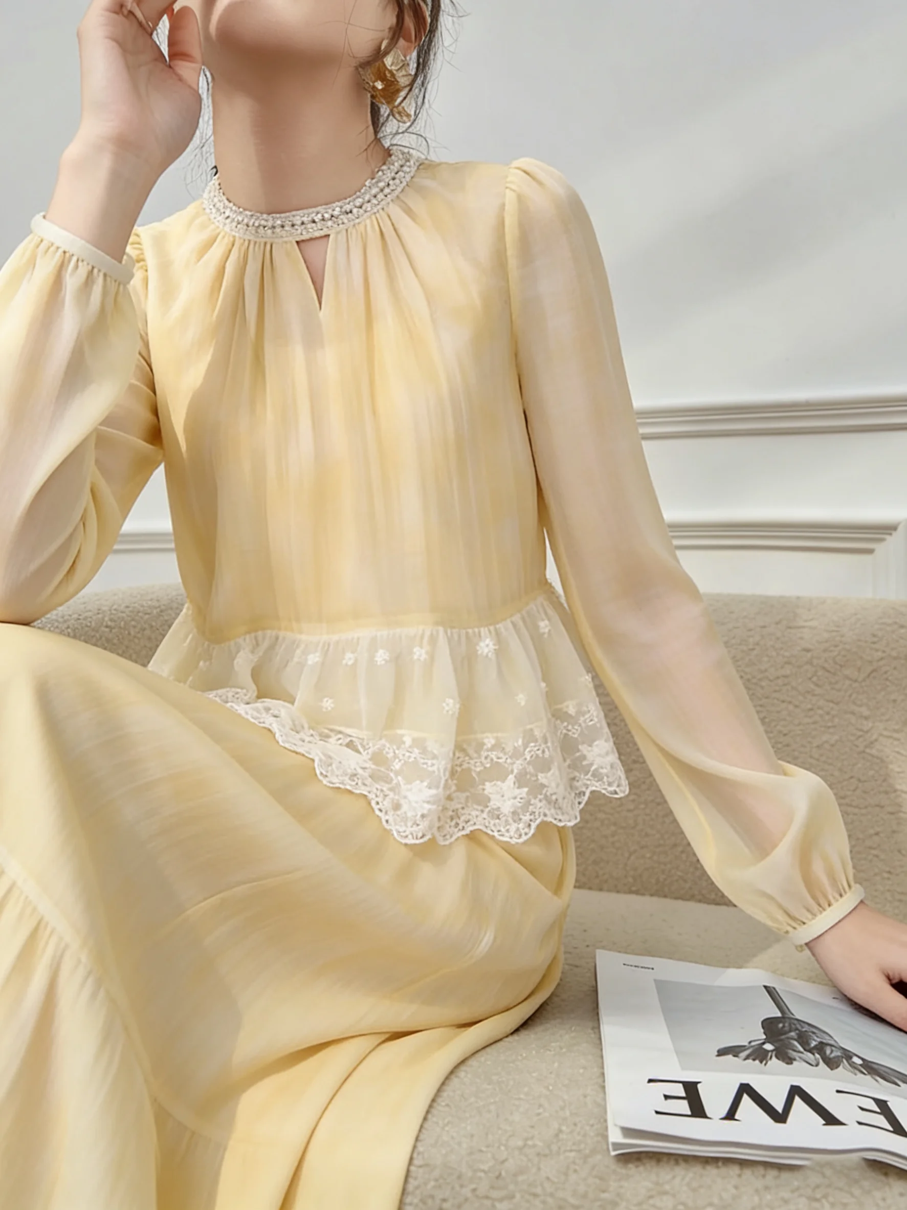 

Yellow Lace Splice Chiffon Shirt Top Half Skirt Two-Piece Set Women's New 2026 Spring Beautiful Set Casual Loose Fit round Neck