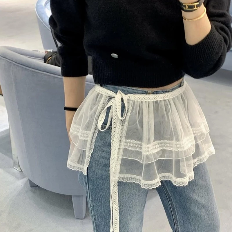 French Lace Up Short Fart Curtain Skirt Spring Layered Skirt INS Women Wrap Skirt Bandage Dress Apron Curtain Expansion Skirt