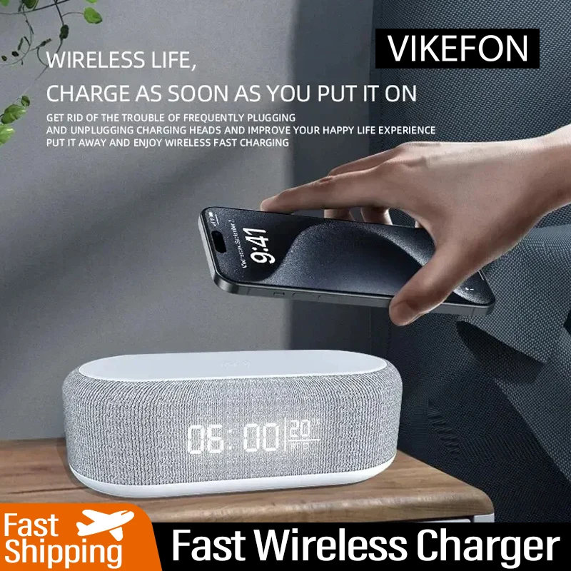 2024 Bluetooth Speaker Stereo Loudspeaker Wireless Charger Pad Led Light Alarm Clock Fast Wireless Charging for iPhone Samsung