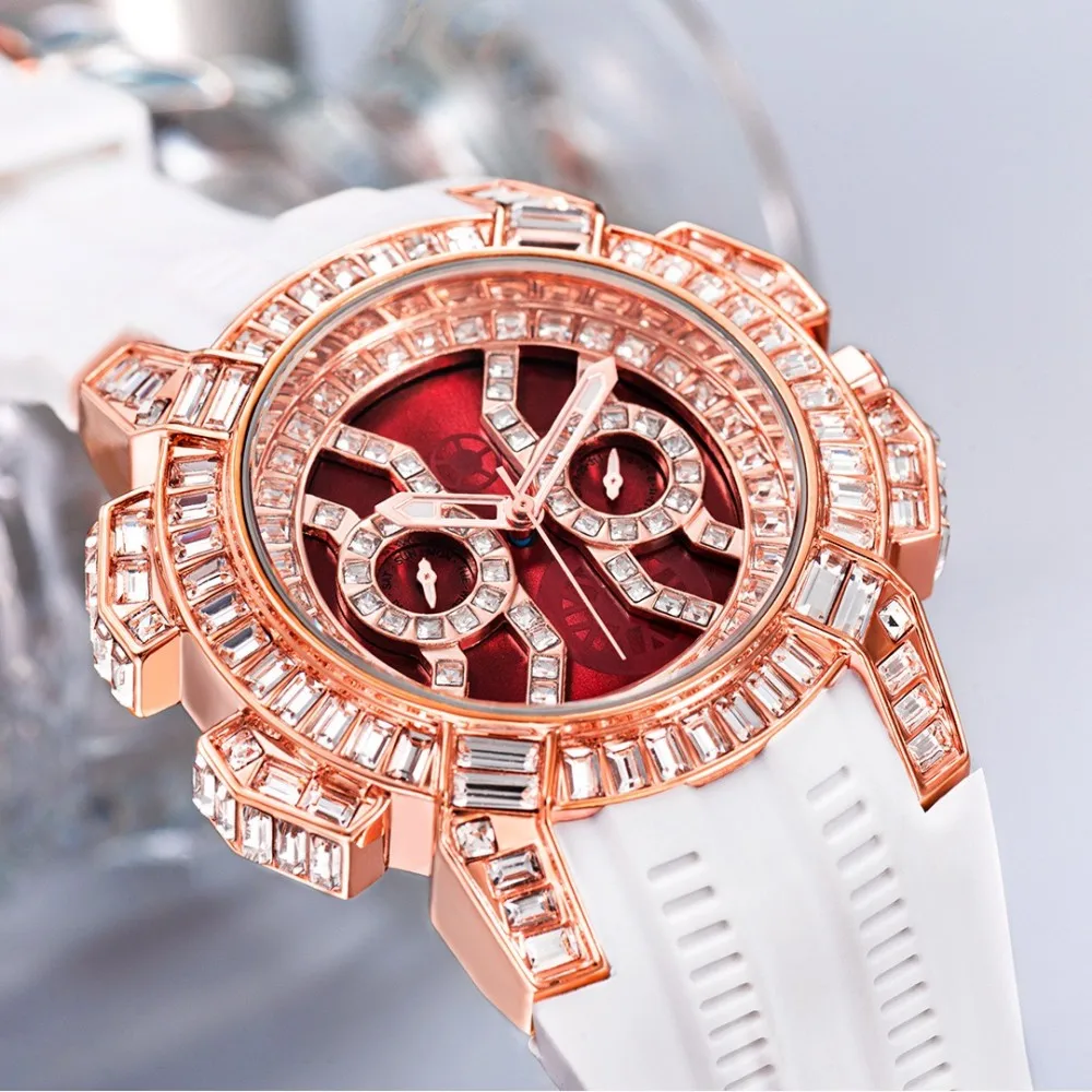Hip Hop CZ Iced Out Round Quartz Watch For Men Sports Waterproof Type Wristwatches Fashion Red Dial Plate Anniversary Gifts