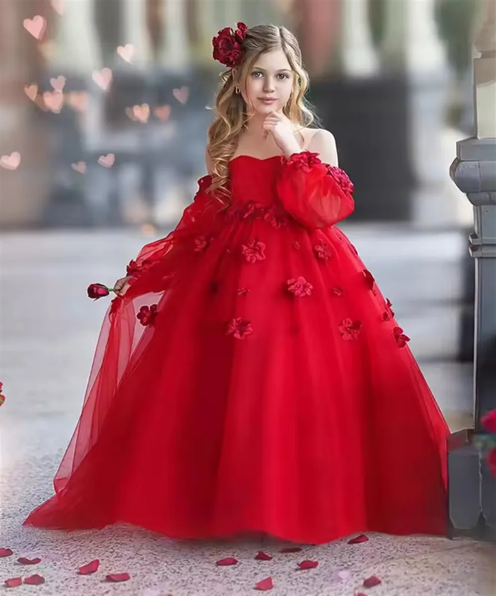 

Элегантное красное платье с 3D цветами для девочек, арабское платье принцессы с длинными рукавами для свадьбы, дня рождения, бальные платья