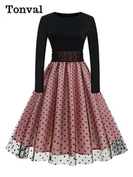 Tonval Black and Pink Vintage Long Dresses for Women 2024 Autumn Winter High Waist Dotted Mesh Pleated 50s Retro Dress