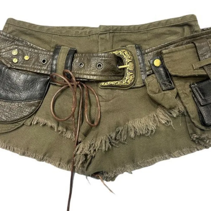 HKSH 2026 شورت صيفي جديد تصميم غير متماثل جيوب بحزام المتعثرة الأمريكية الرجعية مثير Ins سفاري نمط سراويل قصيرة HK17508