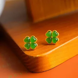 Green Real Jade Clover Earrings Ear Stud Real Jewelry Talismans Stone Lucky Luxury Carved Gemstone Charm