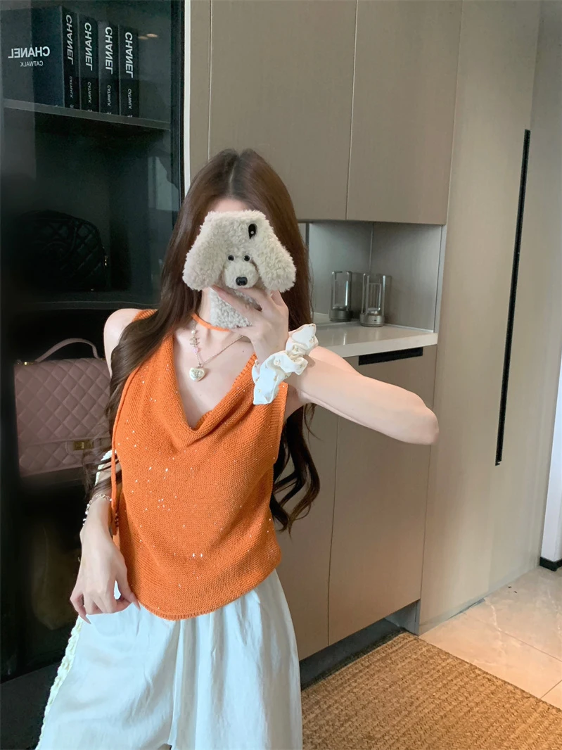 

Original Design Vintage Neckline Multi-Way Vest Women's Bright Sequin High-End Canton Commute Shoulder Top Breathable Outerwear