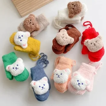1 Paar warme Handschuhe für Kinder, niedliche Cartoon-Puppe, Bären-Fäustlinge für Babys, Jungen und Mädchen, Kawaii, Herbst und Winter, Outdoor, Plüsch-Kleinkind-Handschuhe