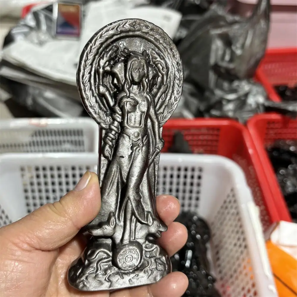 1PCS Natural Quartz & Silver Obsidian Goddess Carving Home Decor Healing Crystal Unique Birthday Gift Craft