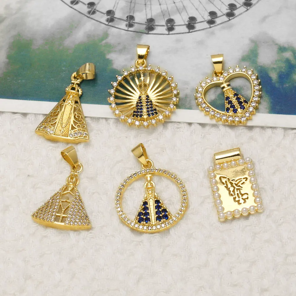 OCESRIO Big Nossa Senhora Aparecida Virgin Mary Blue CZ Gold Plated Copper Pearl Pendants for Necklace Jewelry Making pdtb995