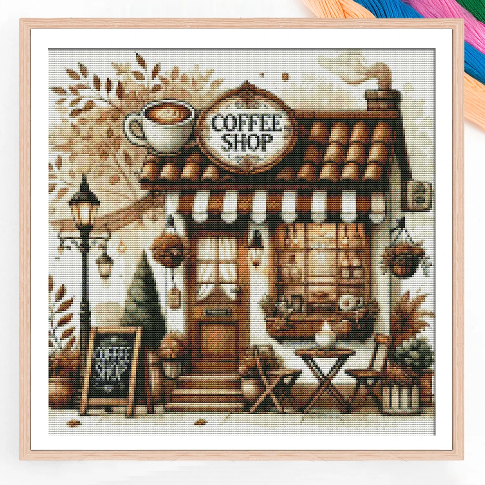 Kits de points de croix, café d'automne, broderie de paysage, artisanat de loisirs, image imprimée de 11Ct, toile, décoration de maison