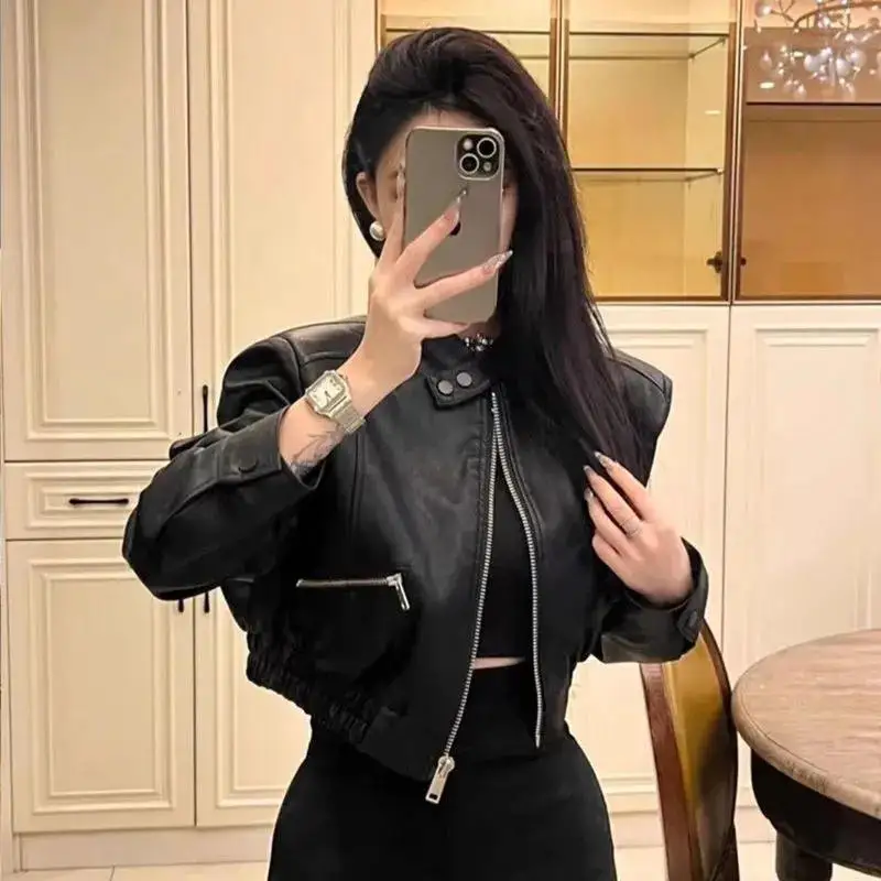 

Women's Leather Jacket 2026 Spring Autumn New Versatile Short Motorcycle Jacket Top High Waist Zipper PU Leather Jacket Female