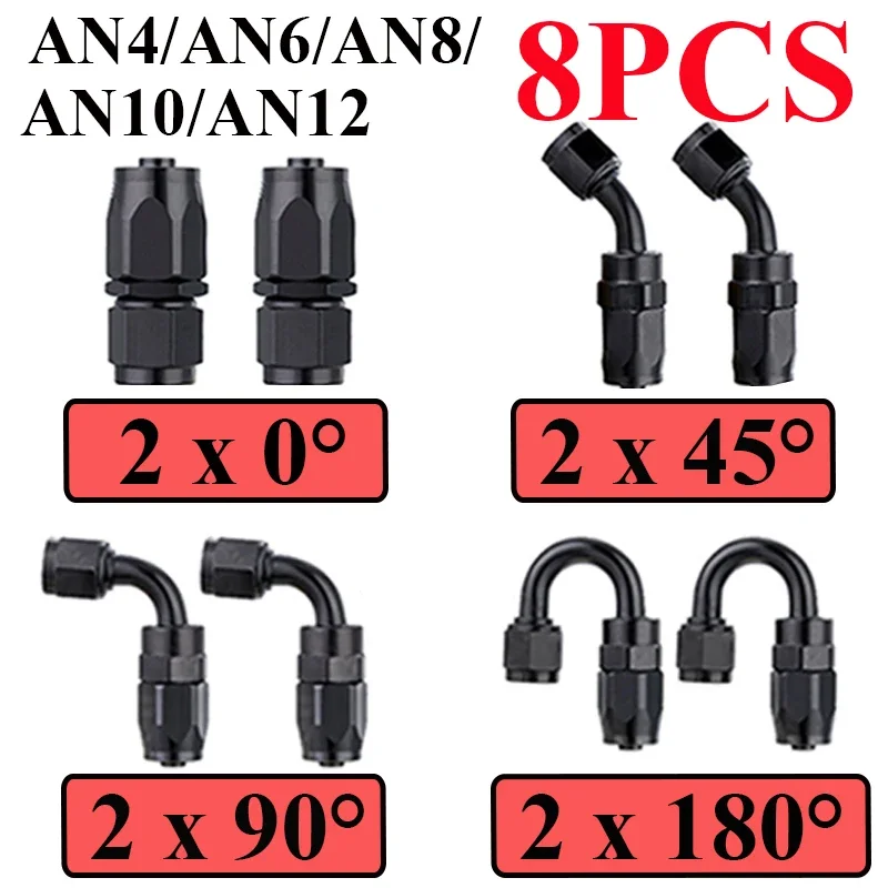 

8Pcs Universal AN4 AN6 AN8 AN10 AN12 Straight 45 90 180 Degree Aluminum Swivel Hose End Fittings Adapter CPE Oil Fuel Line Pipe