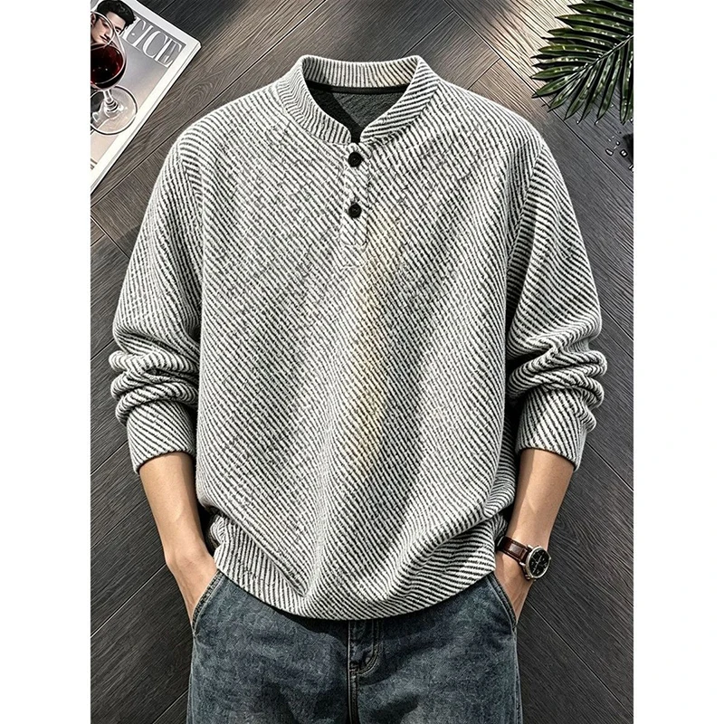 Men Diagonal Stripe Texture Henley Long Sleeve T-shirt Autumn American Retro Sweatshirt Clean Fit Casual Loose Pullover Top Men