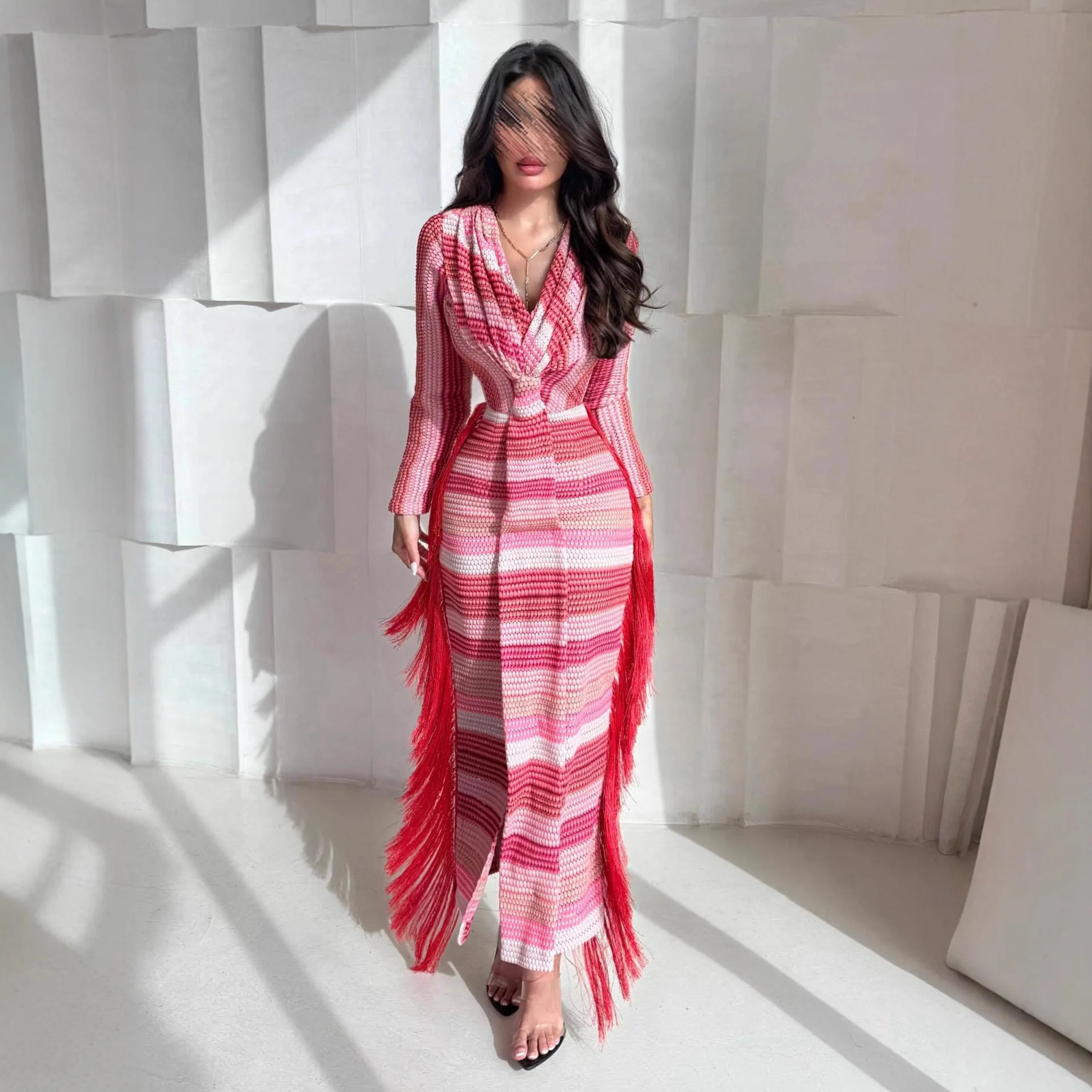 Summer Muslim New Fashion Women's Color-coded Casual Trendy Simple Basic Loose Elegant V-neck Long Sleeve Tassels Dresses Female