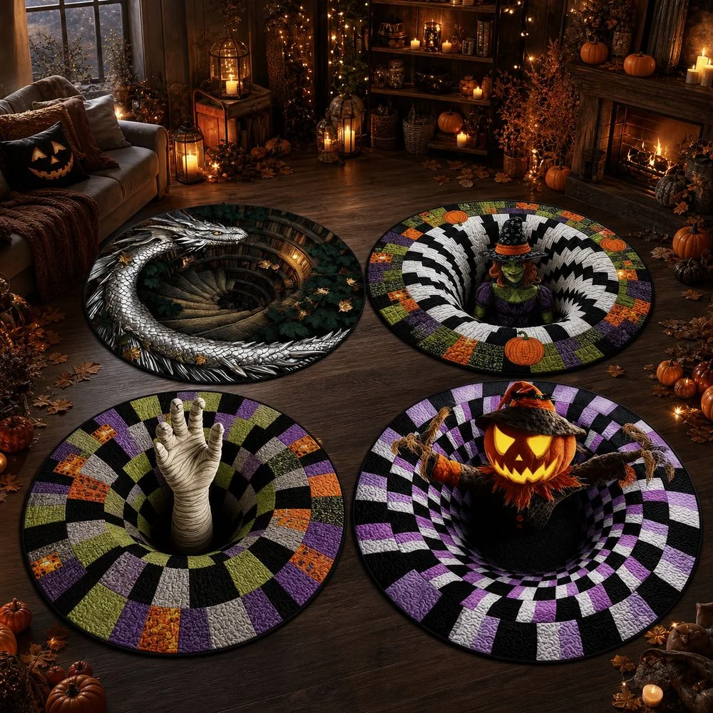 3D Visual Effect Round Halloween Rug Halloween Pattern Crystal Velvet 3D Visual Halloween Area Rug Dotted Plastic Backing