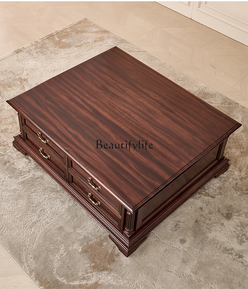 

American Black Walnut Wooden Tea Table Solid Wood Retro Affordable Luxury Living Room with Drawer Storage Tea Table