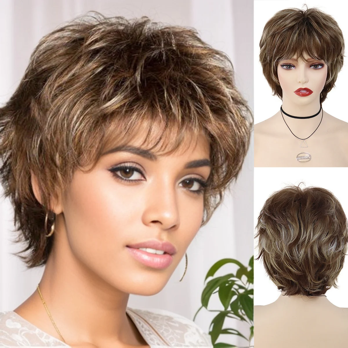 

Синтетическая прическа пикси, короткий смешанный коричневый мелированный парик с челкой для женщин, термостойкие парики для замены волос, повседневный костюм