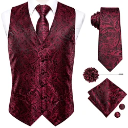 Hi-Tie Silk Mens Vests Jacquard Waistcoat Neck Tie Hanky Cufflinks Brooch Set for Men Suit Sleeveless Jacket Wedding Business