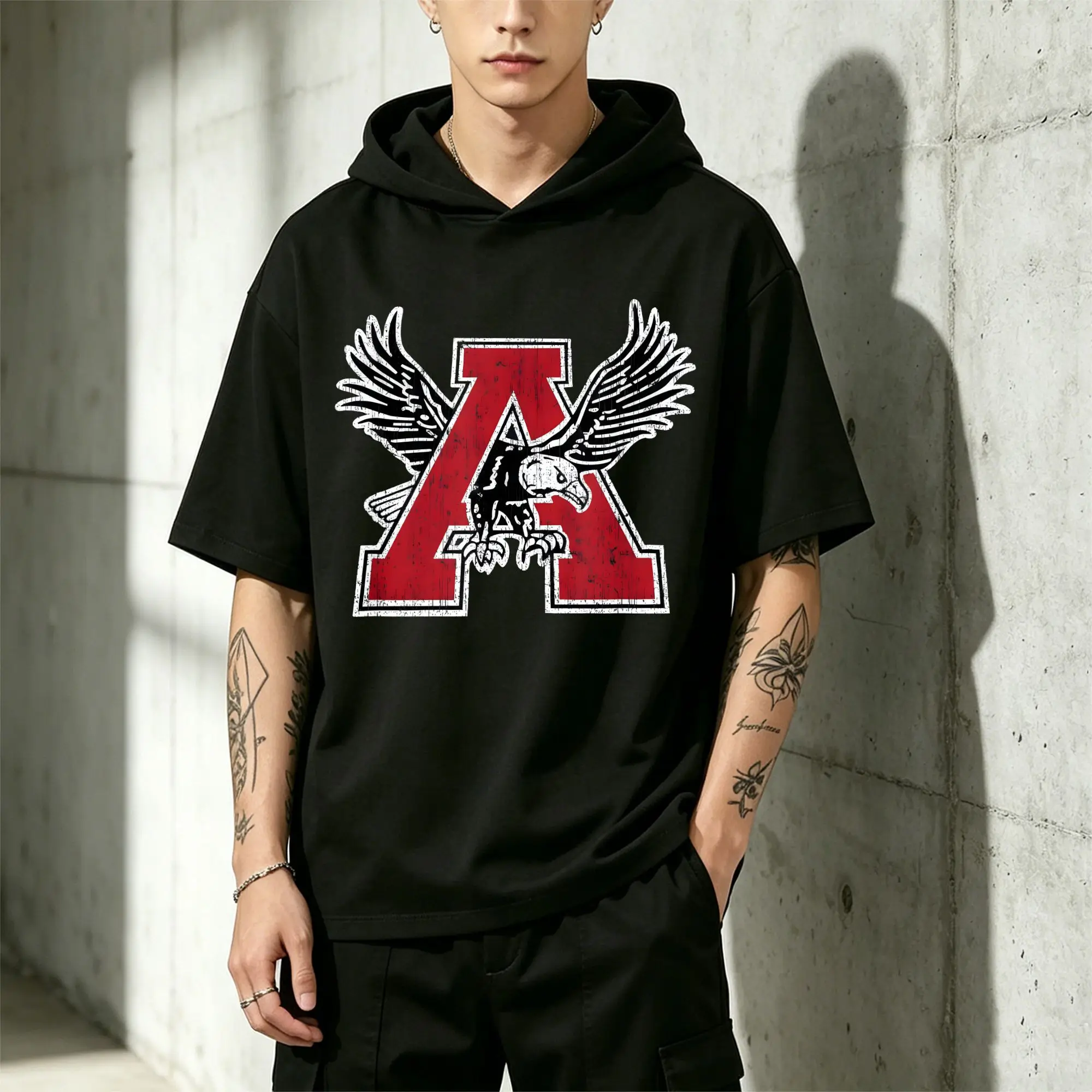 Men's Short-Sleeved Hoodie, Eagle Logo T-Shirt, Casual and Comfortable, Fitted Cut