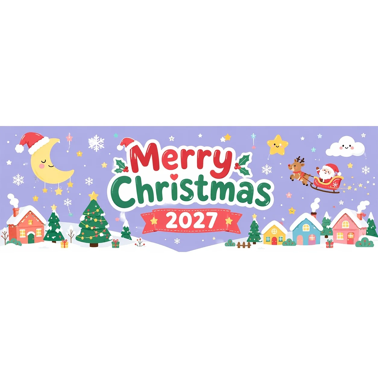 One-piece table skirt, 2027 Christmas Happy Tablecloth, cartoon Santa Claus sleigh with reindeer.