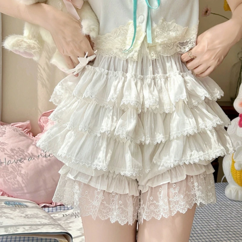 Japanese Lolita Style Safety Shorts Women Lace Ruffles Layered Underwear Pants White Apricot Elastic Waist Cute Lantern Bloomers