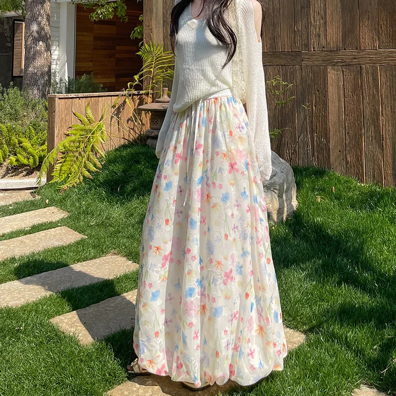 Floral Print Maxi Skirt Women Elastic Waist A Line Long Skirt Casual Loose Flowy Summer Skirts