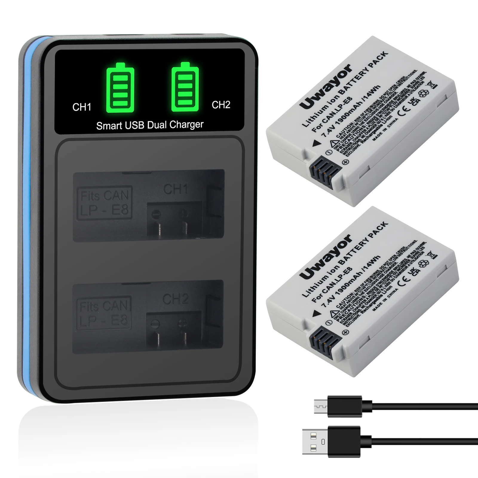 

1900mAh LP-E8 Battery and USB Charger, LPE8 Compatible with Canon EOS Rebel T2i T3i T4i T5i 550D 650D 700D Kiss X4 X5 X6 Cameras