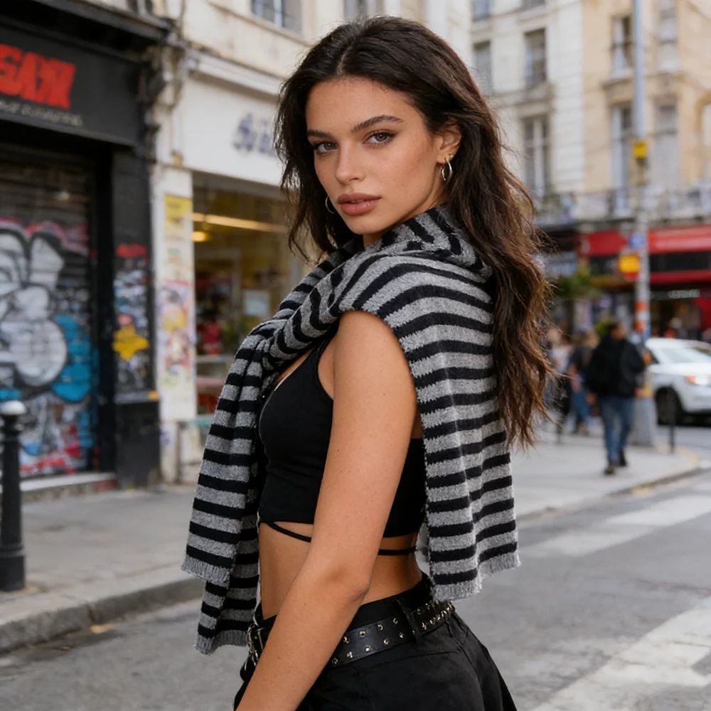 

1 шт. полосатая вязаная маленькая шаль для женщин, весенне-осенняя, подходит под рубашку, футболку, жилет.