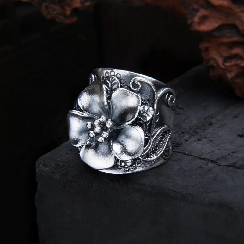 

Uglyless 24.5MM Exaggerated Big Flower Rings Women Thai Silver Ethnic Jewelry 999 Full Silver Plum Blossom Ring Floral Bijoux