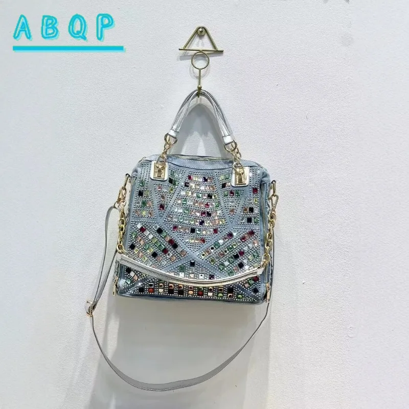 Women's Handbag New Diamond Pattern Fashion Denim Tote Shoulder Bag Woven Large Capacity Messenger Canvas Bag