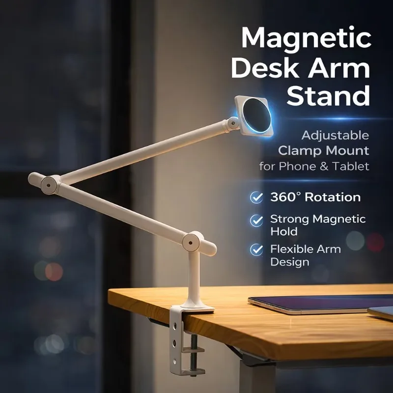 Magnetic Phone & Tablet Stand, Adjustable Desk Clamp Arm, 360° Rotating Aluminum Holder for iPhone iPad, Overhead Lazy Mount